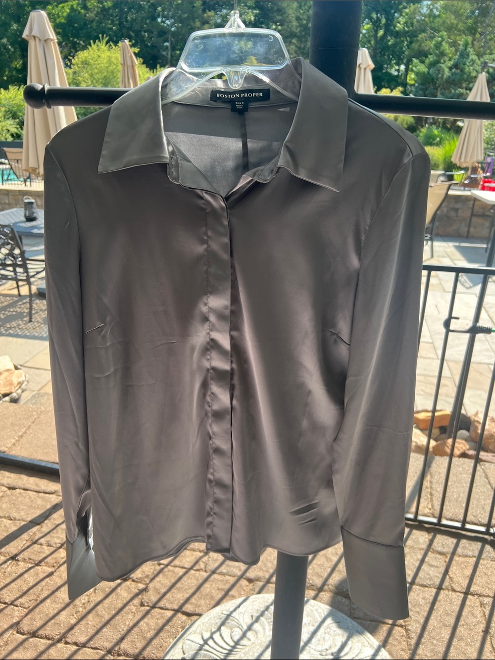Boston Proper Charcoal Gray Satin Button-Front Blouse